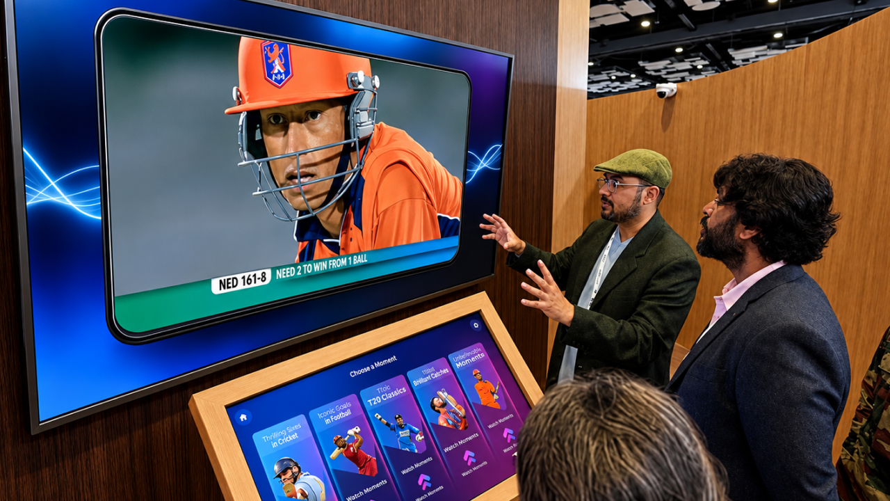 Visitors use an interactive touchscreen production studio to explore and create cricket content